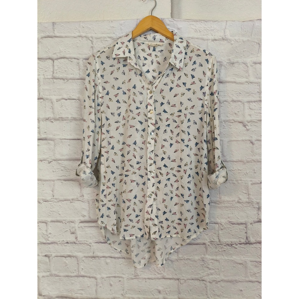 Jane and Delancey Paper Plane Print Button Up Shirt Large Artsy Lagan Roll Tab